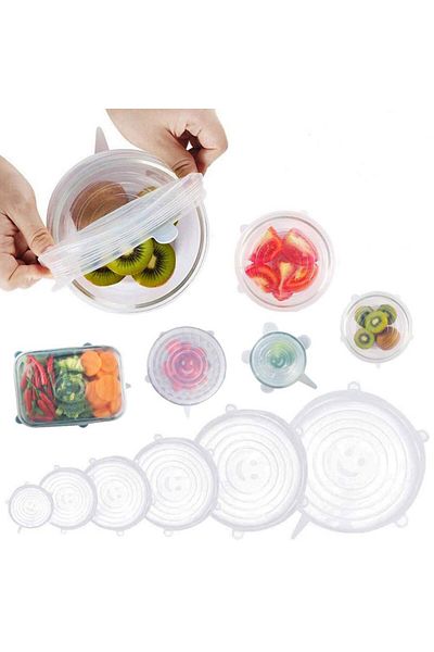 WHITE Set of 6 Super Stretch silicone lids, various sizes, transparent white color