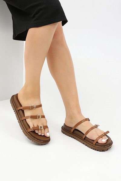 Peta Three Band Gold Buckle Comfortable Sole Slippers