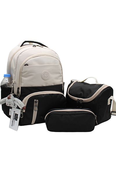 ÇantaExpress Suay Durabil Set de 3 ghiozdane pentru școală primară unisex pentru copii 8010 Bej-negru