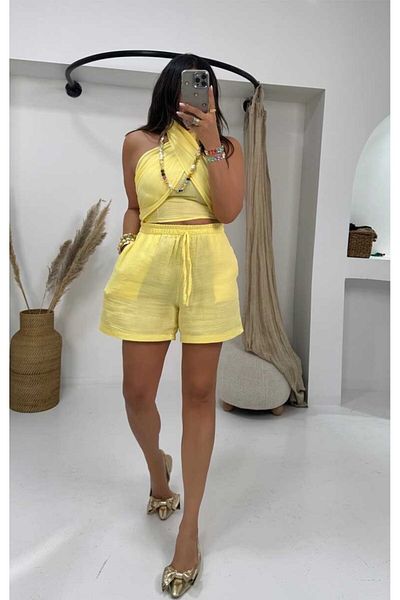 Sohotique By P Muslin Cross Tie Cropped Shorts Set Yellow