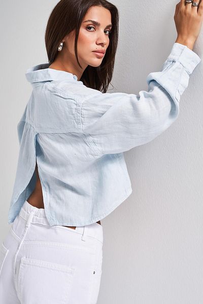 its basic Cămașă oversize pentru femei Baby Blue 6s5-103 din țesătură de in organic