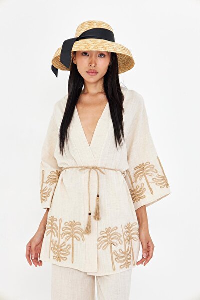 TIFFANY&TOMATO Nakışlı Hasır Kemerli Keten Görünümlü Kimono