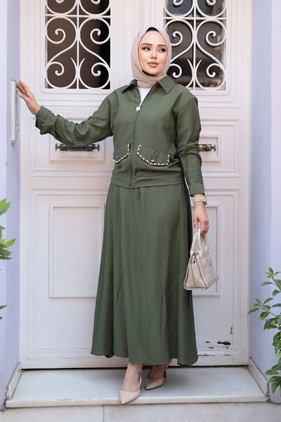 N.S NEVA STYLE Διπλό Σετ με Χακί Φούστα Hijab με φερμουάρ 44751HK