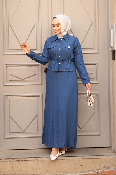 N.S NEVA STYLE Indigo Blue Hijab Dress with Jacket Double Set 44651Im