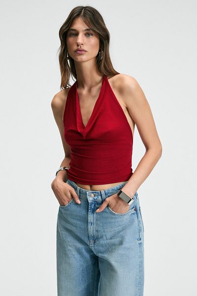 GRIMELANGE Nesliva women's degaje halter neck thick strap backless crop red blouse