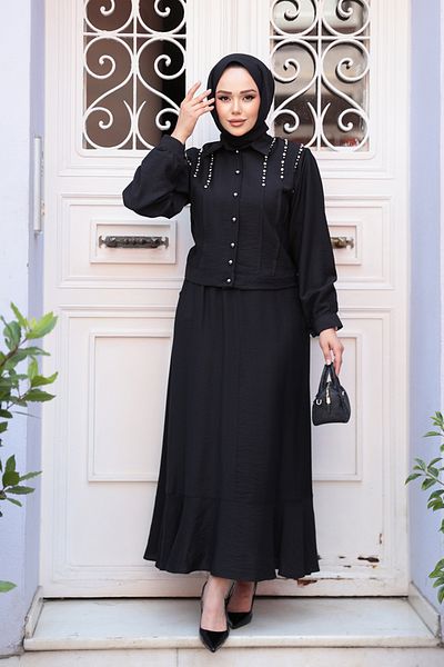 N.S NEVA STYLE Buttoned Black Hijab Skirt Double Suit 44741S