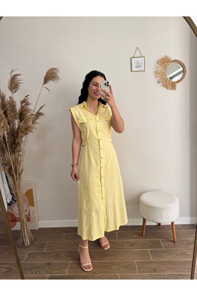 DUSOHOME Αμάνικο κίτρινο λινό μάξι φόρεμα Premium