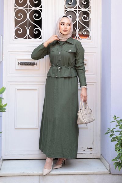 N.S NEVA STYLE Khaki Hijab Dress with Jacket Double Set 44651Hk