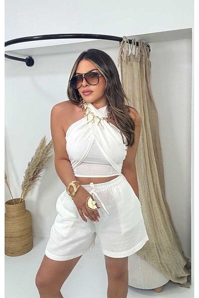 Sohotique By P Muslin Cross Tie Cropped Shorts Set White