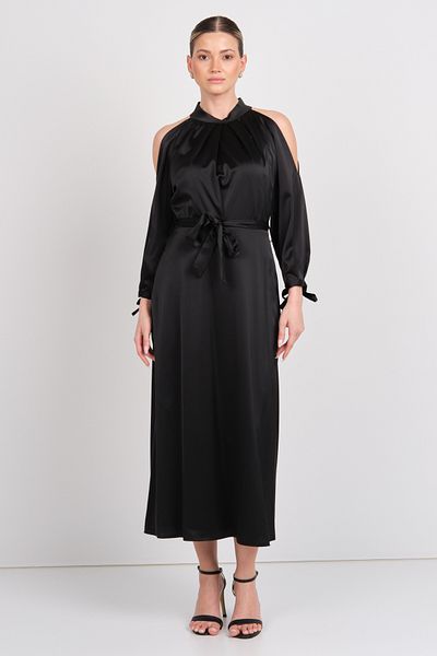 EXPLOSION Women's Satin Fabric Shoulder Detailed Waist Tie Midi Dress 7878 Black