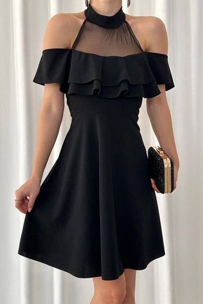 Mossta Halter Neckline Ruffle Detailed Mini Dress - Black