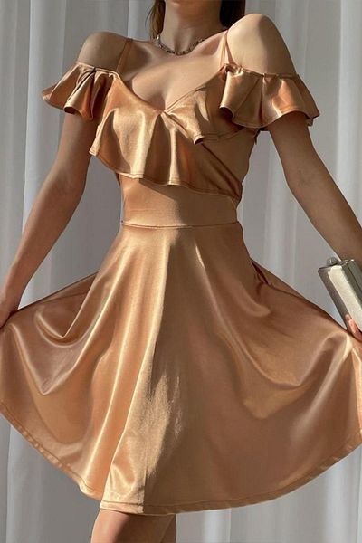 Mossta Ruffled Satin Dress with Off Shoulder Straps - Mink