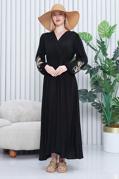 EL jadida Women's Double Breasted Collar Plus Size Viscose Long Dress Black