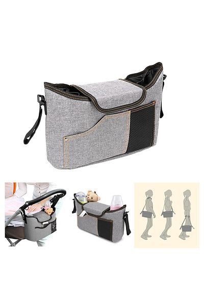 Lumely Baby Stroller Organizer Bag,with Cup Holders and Shoulder Strap,Gray,Universal Baby Stroller