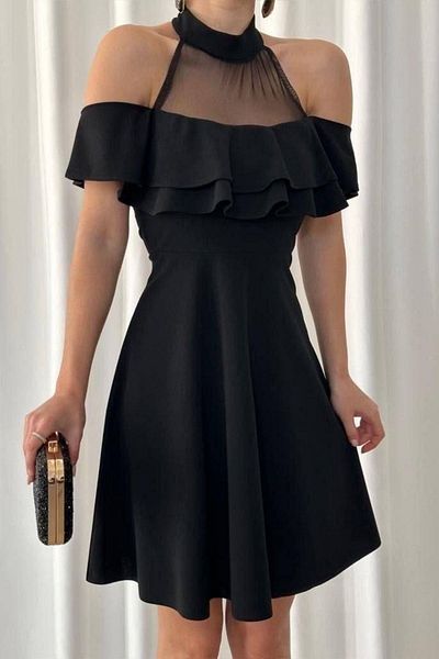 Mossta Halter Neckline Ruffle Detailed Mini Dress - Black