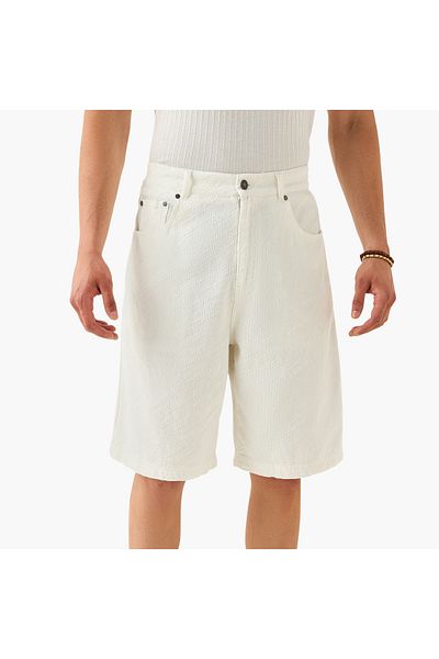 Lee Cooper Textured Baggy Denim Shorts with Button Closure and Pockets