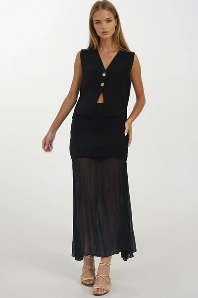 VAGGON Women's Black Buttoned Vest and Pleated Design Skirt Knitwear Set Vs00260