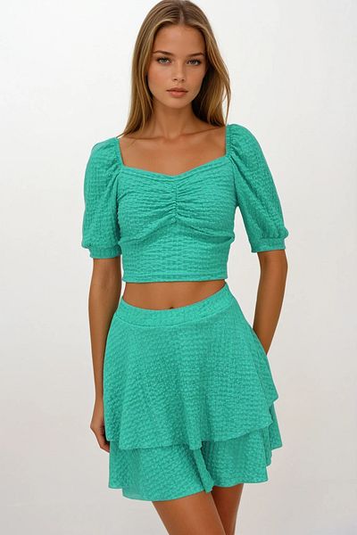 VAGGON Women's Green Princess Sleeve Gathered Blouse and Skirt Flounced Wrap Suit Vs00227