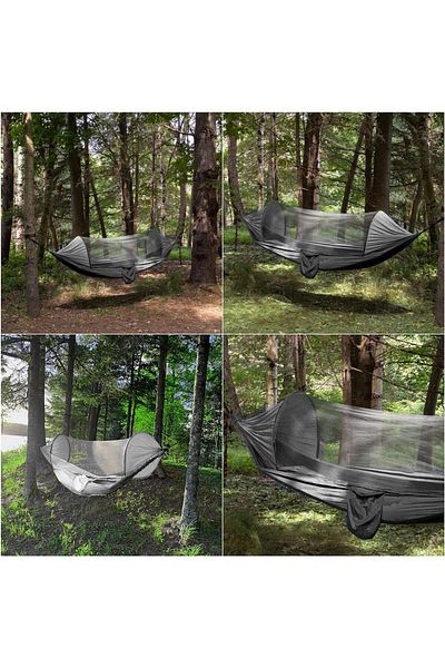 SERSIMO Double Hammock Made of Parachute Material 140x260cm, With Mosquito Net and Carrying Bag, Gray