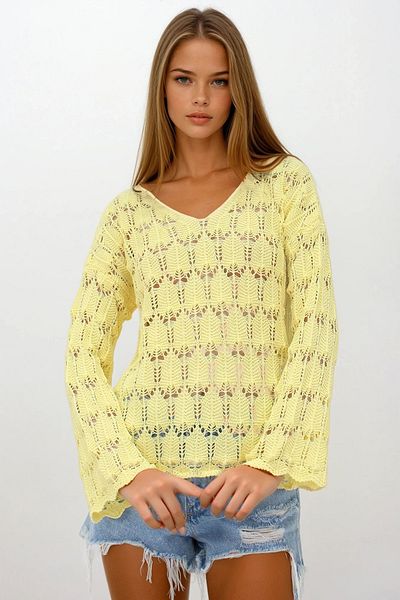 VAGGON Women's Yellow V-Neck Openwork Blouse Vs00251