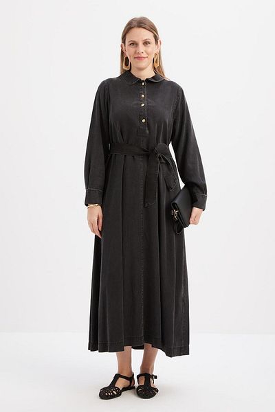 ALLDAY Gray-Half Patch Belted Denim Dress