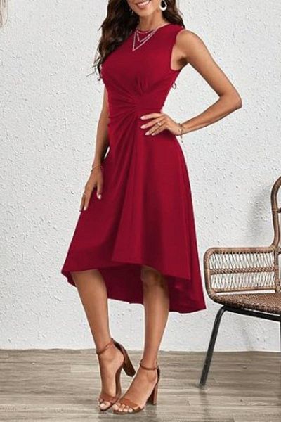 Mossta Crew Neck Waist Gathered Crepe Dress - Red