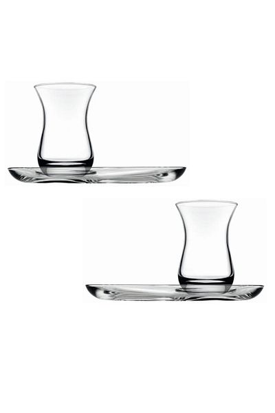 OEM Set of 2 Pasabahce Tea Glasses with Saucers, 125 ml, Transparent Glass, Traditional Turkish
