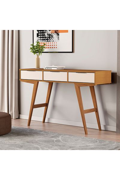 JB Moviecs Home Console Side Table in Natural Wood with Off White