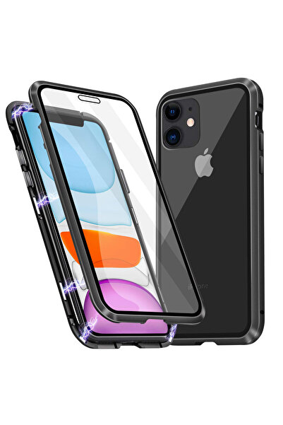 BLACK Carcasă magnetică 360° (față + sticlă spate) pentru iPhone 11, neagră