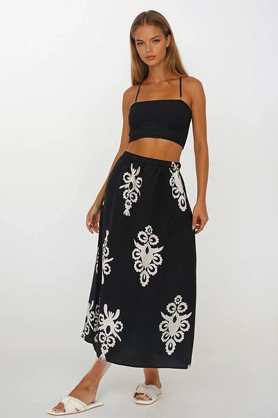 VAGGON Women's Black Elastic Waist Double Pocket Patterned Maxi Skirt Vs00259