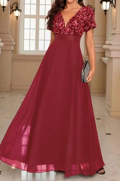 Mossta V-Neck Sequined Chiffon Evening Dress - Red