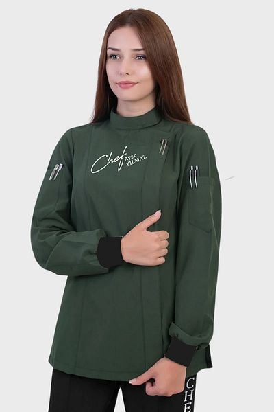 Üniformanya Nume Cadou Verde kaki Jachetă de bucătar pentru femei Chef Cook Jersey Cămașă de bucătar Model de îmbrăcăminte de bucătar