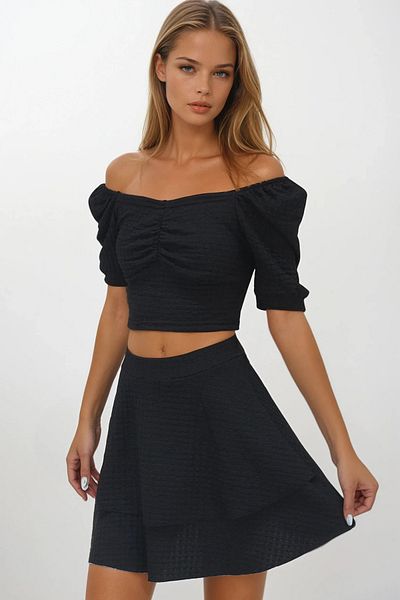 VAGGON Women's Black Princess Sleeve Gathered Blouse and Skirt Flounced Wrap Suit Vs00227