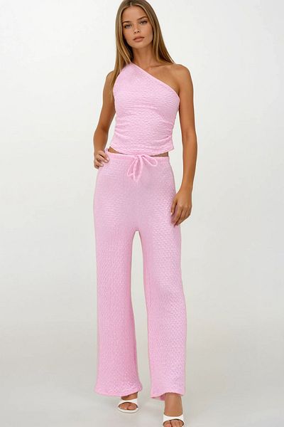 VAGGON Women's Pink Drawstring Waist and Elastic Double Pocket Pants and One Shoulder Blouse Set Vs00233