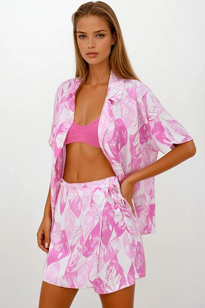 VAGGON Women's Pink Elastic Waist Covered Shorts Skirt Woven Shirt Suit Vs00217