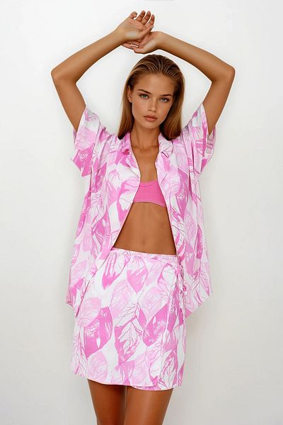 VAGGON Women's Pink Elastic Waist Covered Shorts Skirt Woven Shirt Suit Vs00217