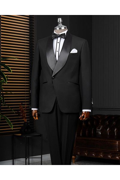 TerziAdemAltun Italian Style Slim Fit Shawl Collar Jacket Pants Groom Suit Set Black T14274