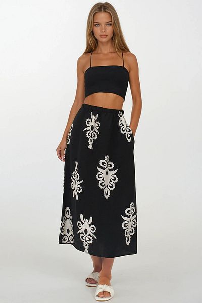 VAGGON Women's Black Elastic Waist Double Pocket Patterned Maxi Skirt Vs00259