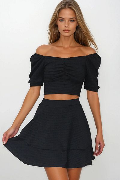 VAGGON Women's Black Princess Sleeve Gathered Blouse and Skirt Flounced Wrap Suit Vs00227