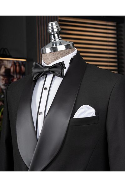 TerziAdemAltun Italian Style Slim Fit Shawl Collar Jacket Pants Groom Suit Set Black T14274