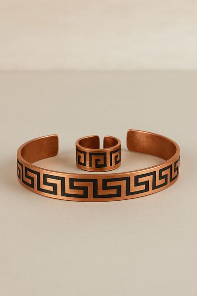 materialist Copper Antique Patterned Unisex Bracelet & Ring Set – Adjustable Size – Energy Balancer