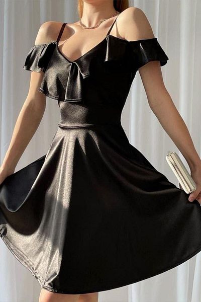 Mossta Ruffled Satin Dress with Off Shoulder Straps - Black