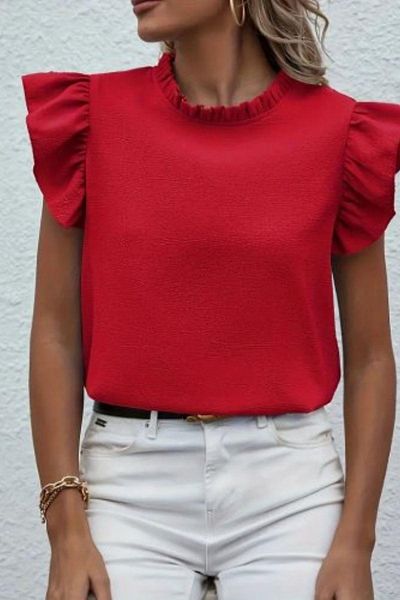 Mossta Short Sleeve Ruffled Collar Wrap Blouse - Red