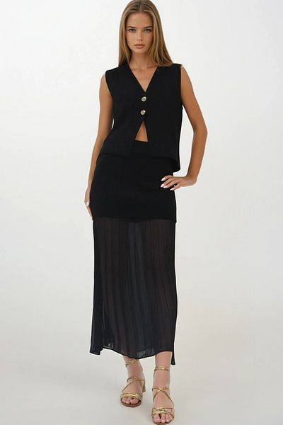 VAGGON Women's Black Buttoned Vest and Pleated Design Skirt Knitwear Set Vs00260