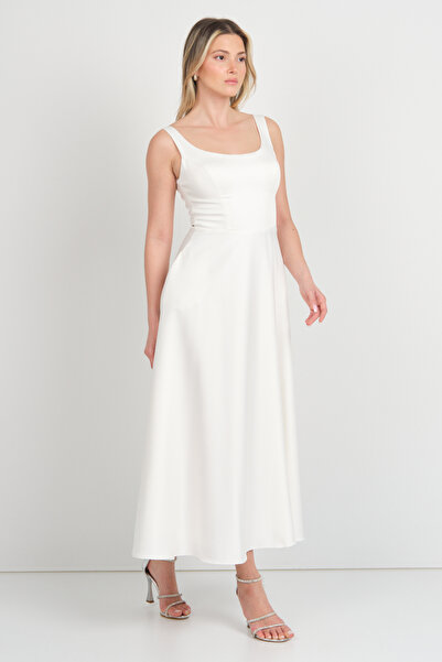 Dans Women's Thick Strap Double Pocket Satin Midi Evening Dress 1726 Ecru