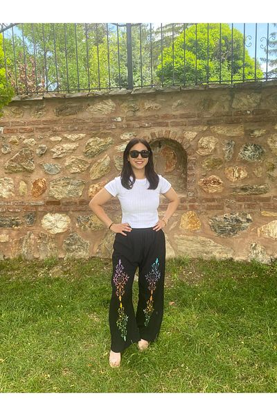 Sobe Hediyelik Black Wide Leg Trousers – Colorful Ethnic Patterned – Summer Loose Model