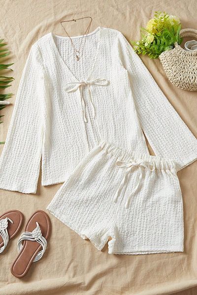 Trendseninle White Lace-Up Long Sleeve Shirt Shorts Knitted Wrap Suit