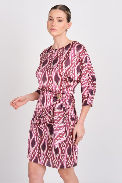 EXPLOSION Women's Patterned Mini Dress with Buckle Detail at the Waist 7874 Claret Red