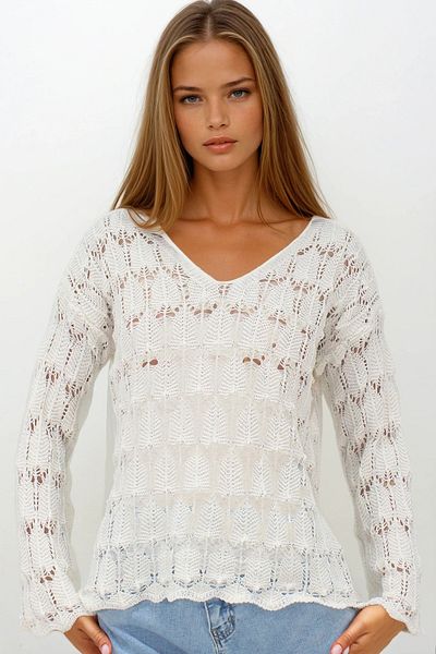 VAGGON Women's Cream V-Neck Openwork Blouse Vs00251