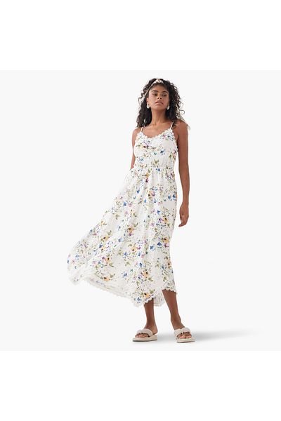 2Xtremz 2Xtremz Floral Print Sleeveless Maxi Dress with V-neck and Schiffli Detail